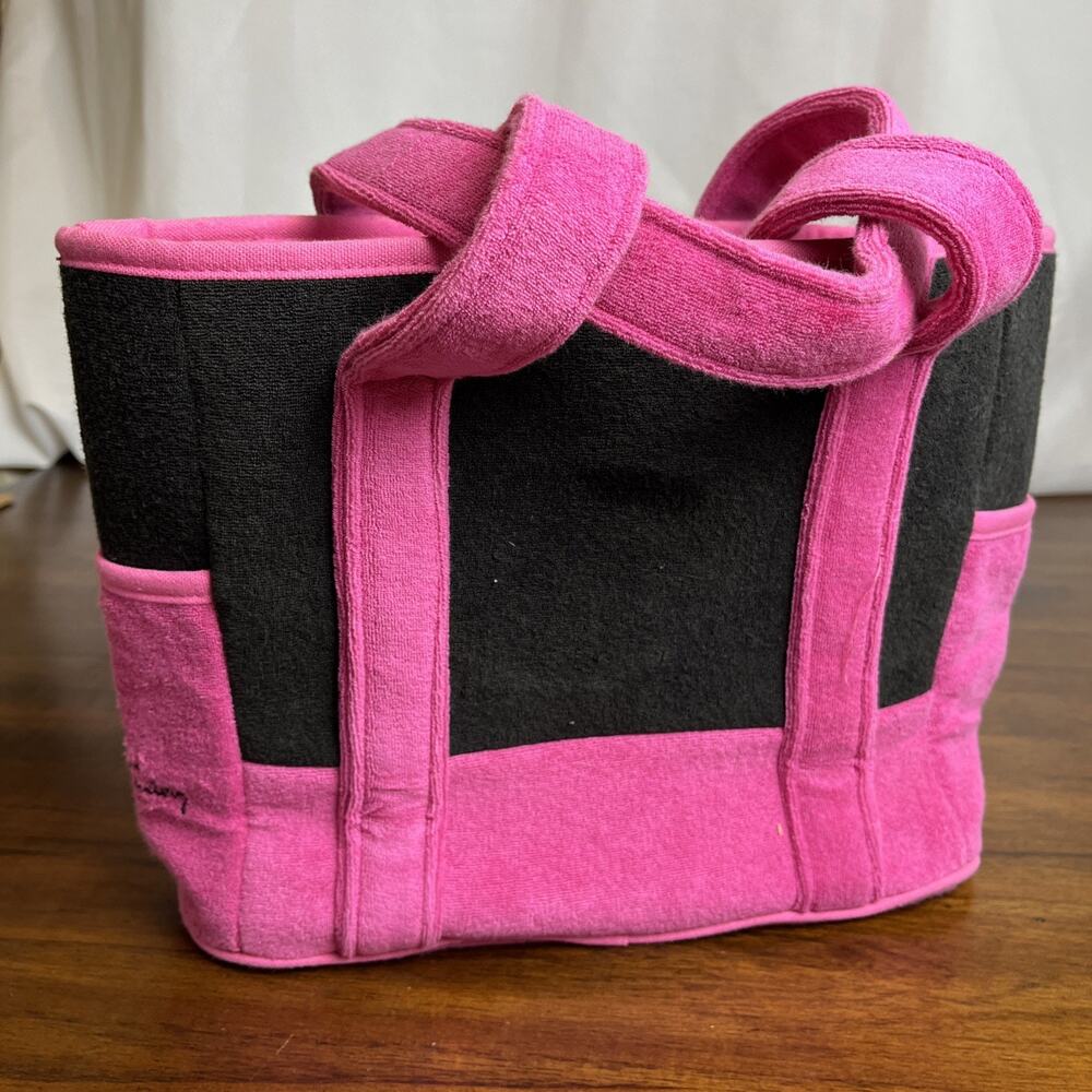 Quacker Factory Small Tote Bag Pink & Black Terry Cloth With Polka Dot Lining
